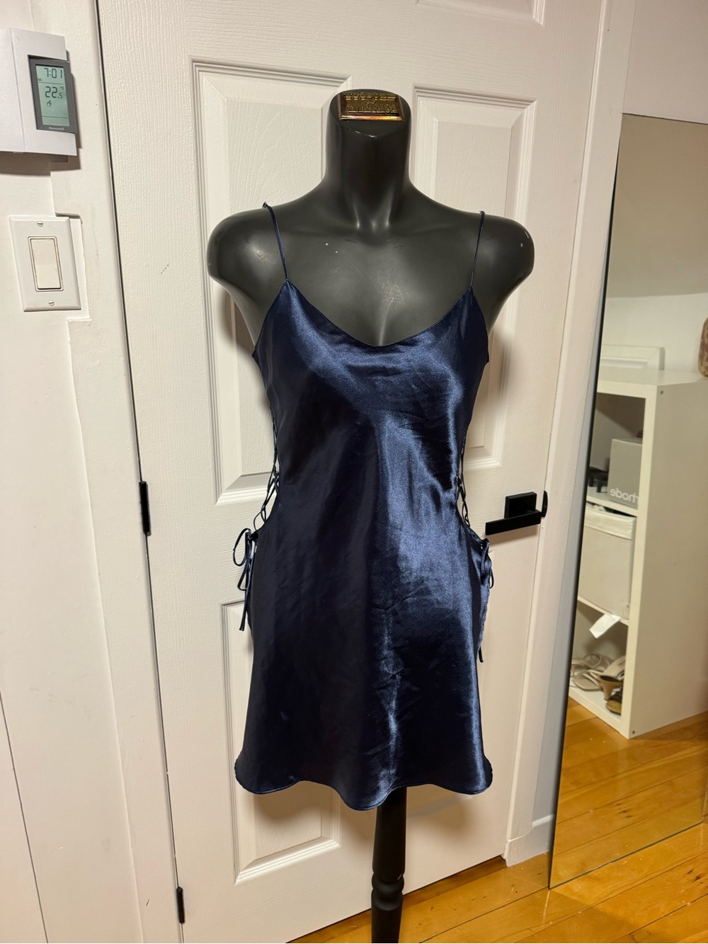 Satin Slip Dress with Side Lace-Up - Navy